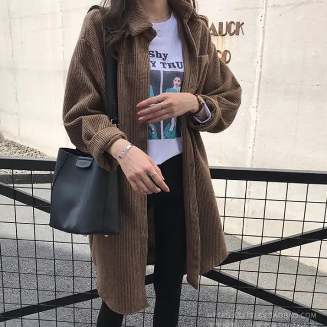 Women's Loose Mid length Corduroy Shirt Khaki - Shop at LoveMi