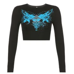 Street Hot Rhinestone Print Hit Colour Cropped Short Long-sleeved Top - Black2 - View 1
