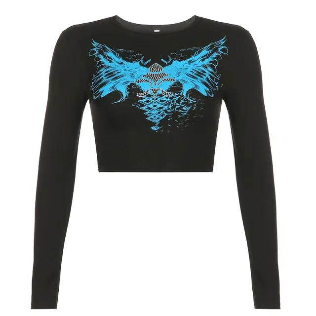 Street Hot Rhinestone Print Hit Color Cropped Short Long sleeved Top Black2 - Shop at LoveMi