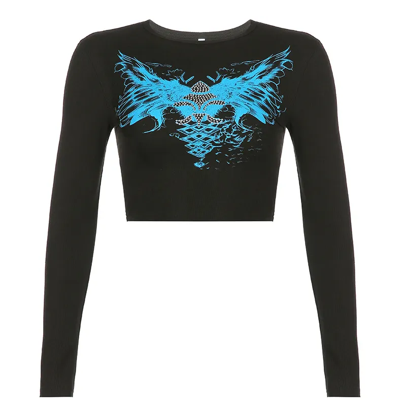 Street Hot Rhinestone Print Hit Colour Cropped Short Long-sleeved Top - Black2