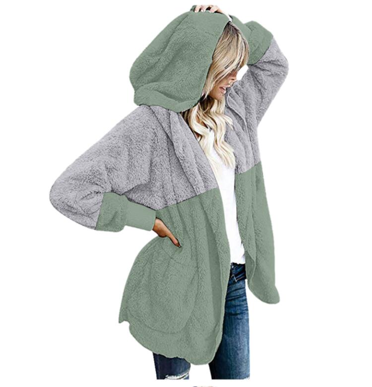 Ladies Cardigan Hooded Colorblock Plush Jacket