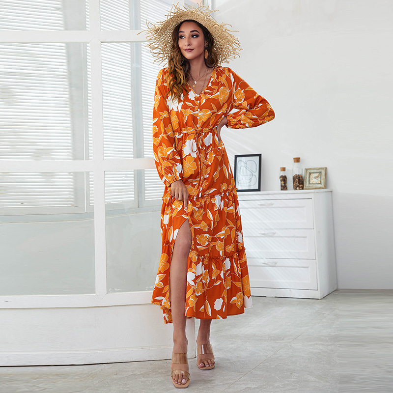 V-neck High-waisted Printed Dress With An Irregular Slit