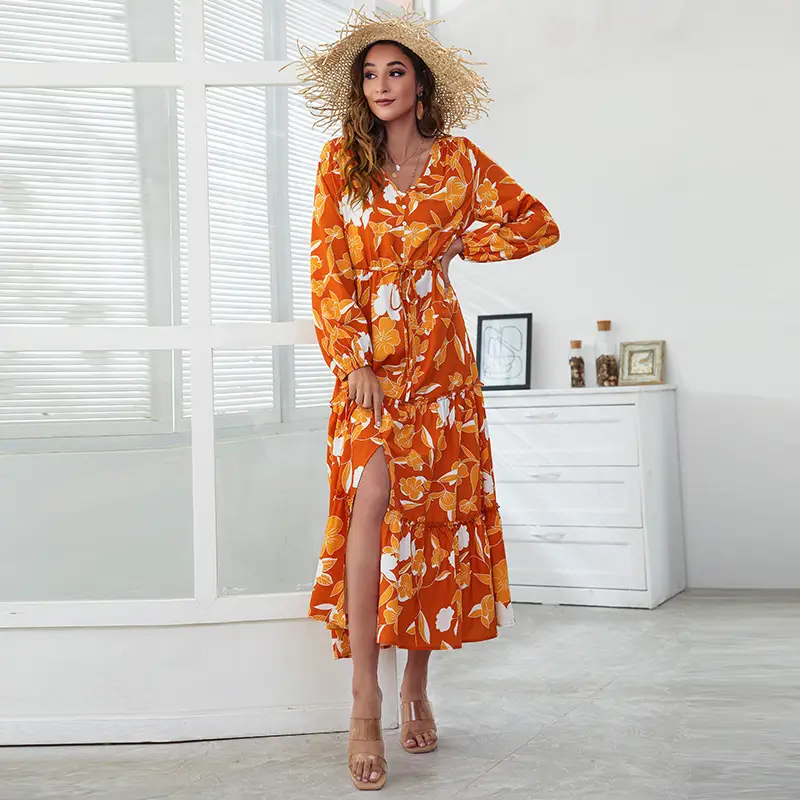 V-neck High-waisted Printed Dress With An Irregular Slit
