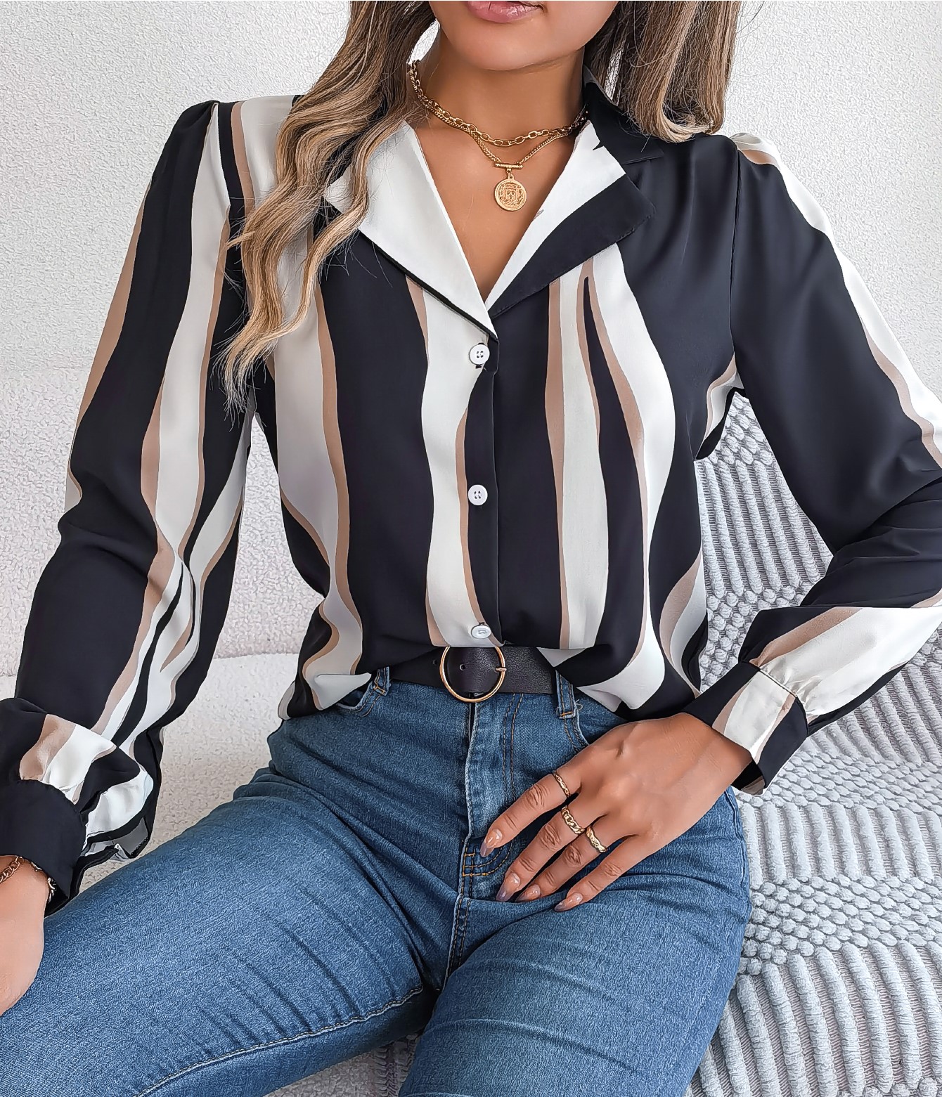 Women’s Casual Versatile Color Block Stripe Notched Lapel Long Sleeve Shirt
