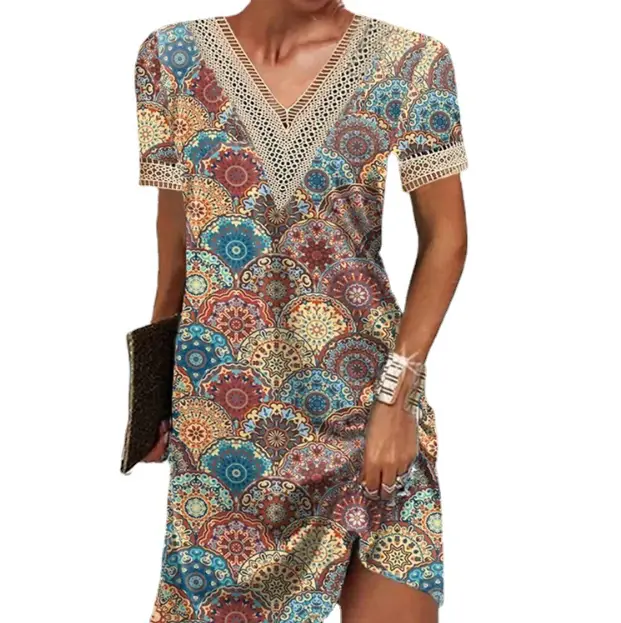 Women's Printed Wear Lace V-neck Short Sleeve Dress