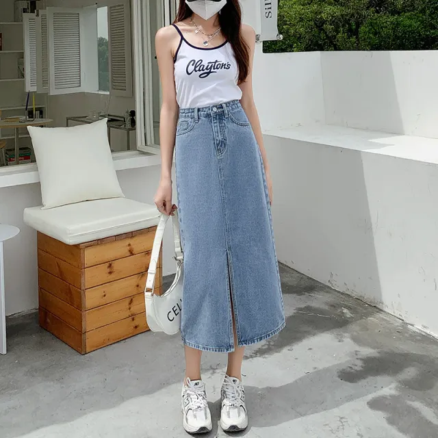 High Waisted Split Denim Skirt F L - Shop at LoveMi