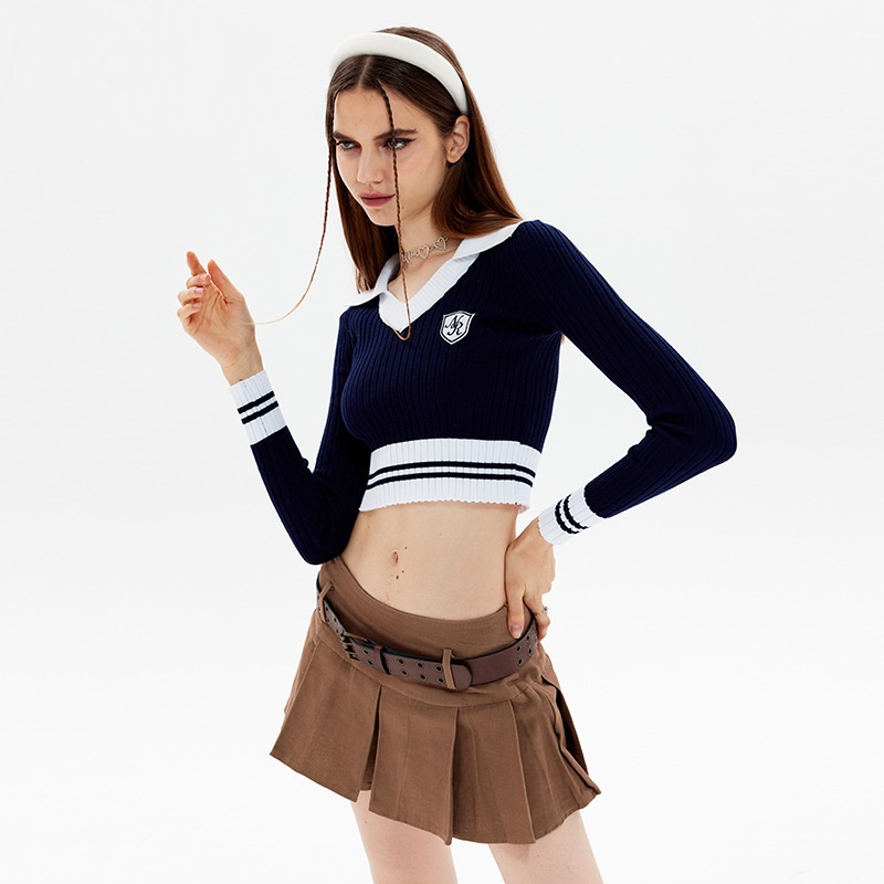 Women's Preppy Style Colorblock Long-sleeved Knitted Short Slim Top - Image 6