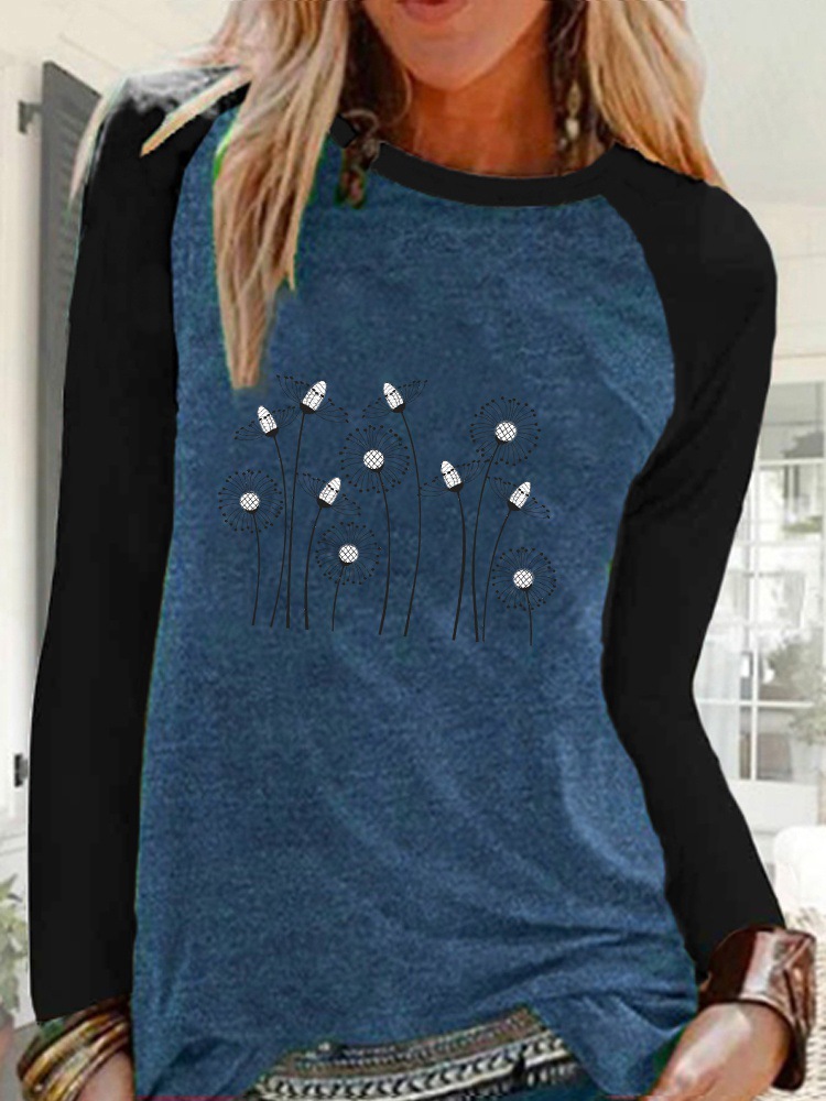 Printed Round Neck Long-sleeved Ladies T-shirt Raglan Top