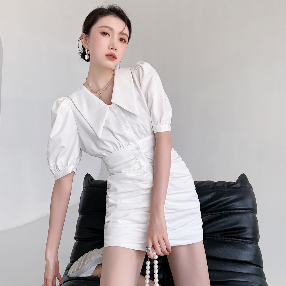 Design Sense Fashion Puff Sleeve Dress Summer New Short Waist Waist Slim Temperament Pleated Skirt