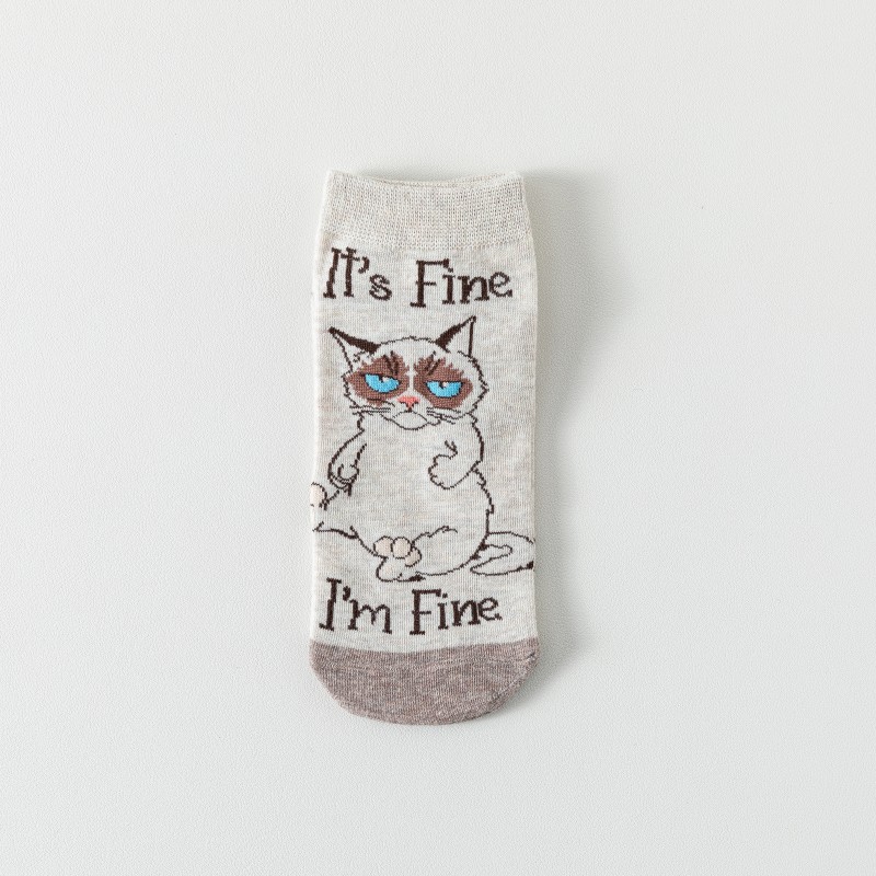 Cat Pattern Women's Straight Socks, Cartoon Animal Casual Short Socks