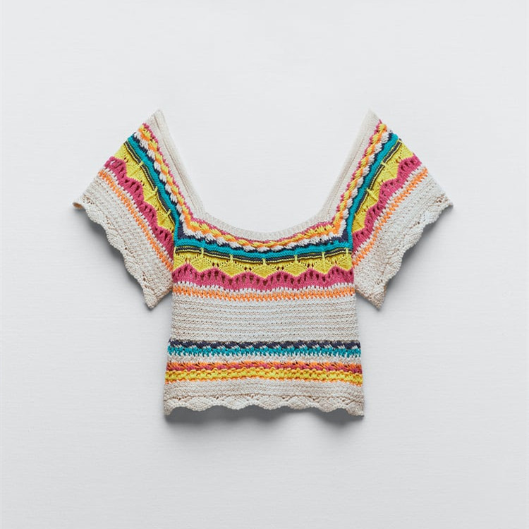 Women's Colorblock Striped Knit Hollow Short Sleeves