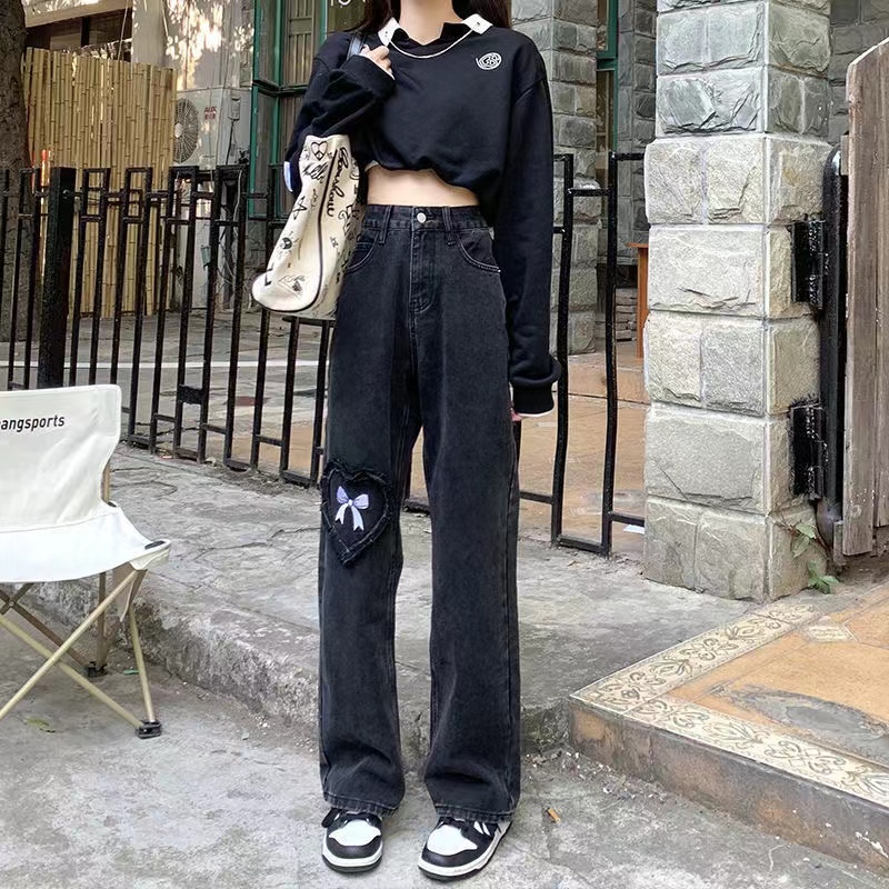 American Colored Embroidered Light Blue Jeans Black - Shop at LoveMi