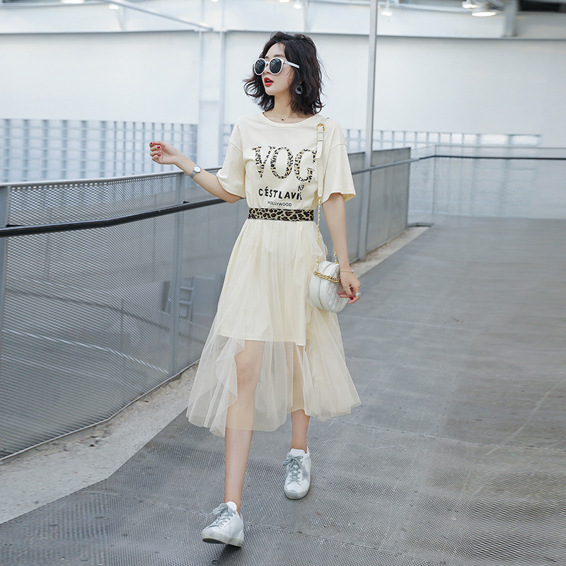 Suit Short-sleeved Mid-length T-shirt Dress Mesh Skirt Two-piece Suit