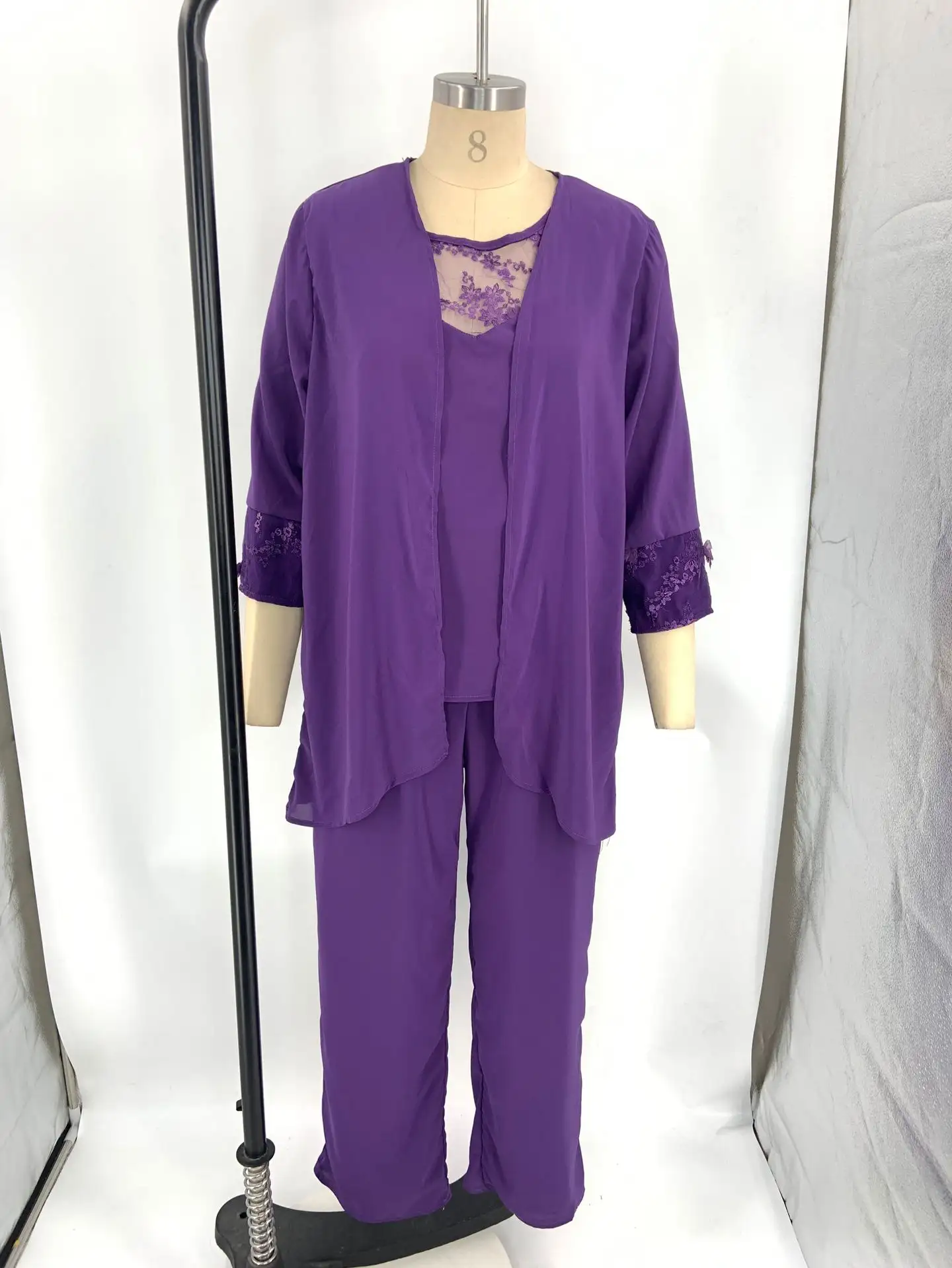 Round Neck Lace Chiffon Patchwork Cardigan Straight-leg Pants Three-piece Suit