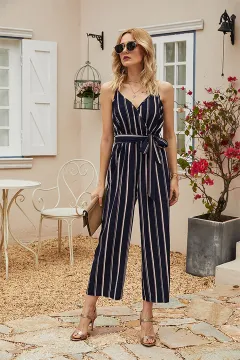 Lace-up Navy Striped One-Piece Wide-Leg Pants Camisole Female High-Waist Jumpsuit - Photo Color - View 1