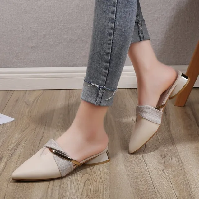 Baotou Half Slippers Pointed Toe Thick Heel Shoes Fairy Style Casual Sandals Beige - Shop at LoveMi