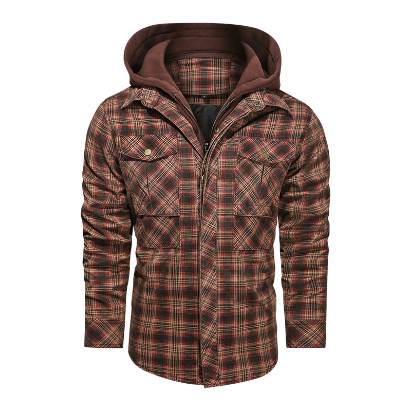 Men long-sleeved plaid jacket regular fit with fleece and detachable hoodies.