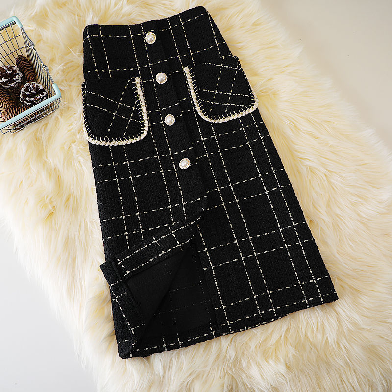 High Waist Slim Woolen Plaid Skirt Wool Skirt Phnom Penh Black - Shop at LoveMi