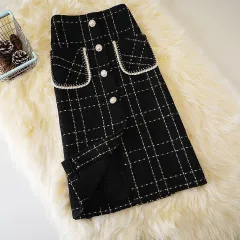 High Waist Slim Woolen Plaid Skirt - Wool Skirt Phnom Penh Black - View 1