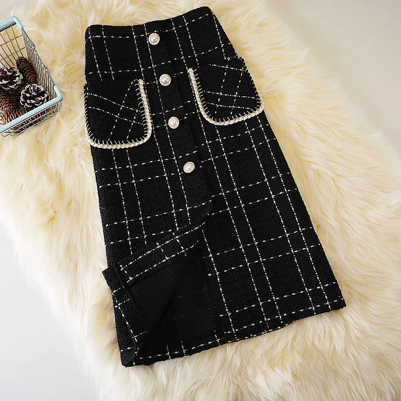 High Waist Slim Woolen Plaid Skirt - Wool Skirt Phnom Penh Black