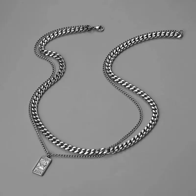 1pcs Double Layer Cuban Chain Vintage Portrait Square Tag Necklace, Minimalist Ins Hip Hop Style, For Men Women Daily Street Wear & Couple Holiday Gifts