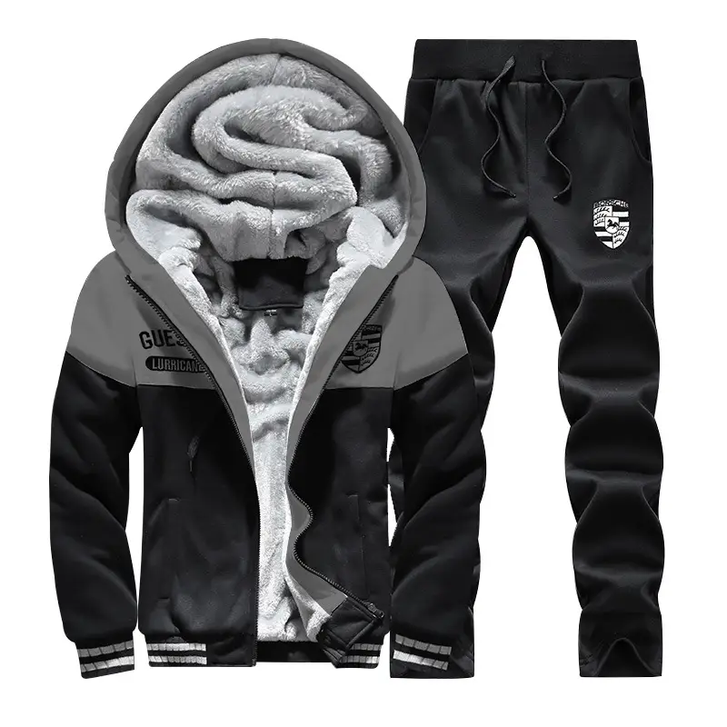 Men's Suit With Velvet Padded Sports Hooded Long-Sleeved Trousers