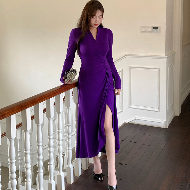 Pleated V-Neck Long Dress, picture 4 of 5