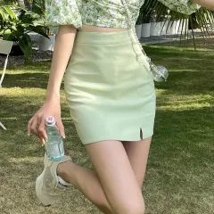 Women's Solid Color Split A-Line High Waist Slim Skirt - Green - View 1