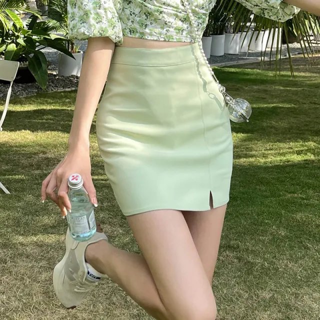Women's Solid Color Split A Line High Waist Slim Skirt Green - Shop at LoveMi