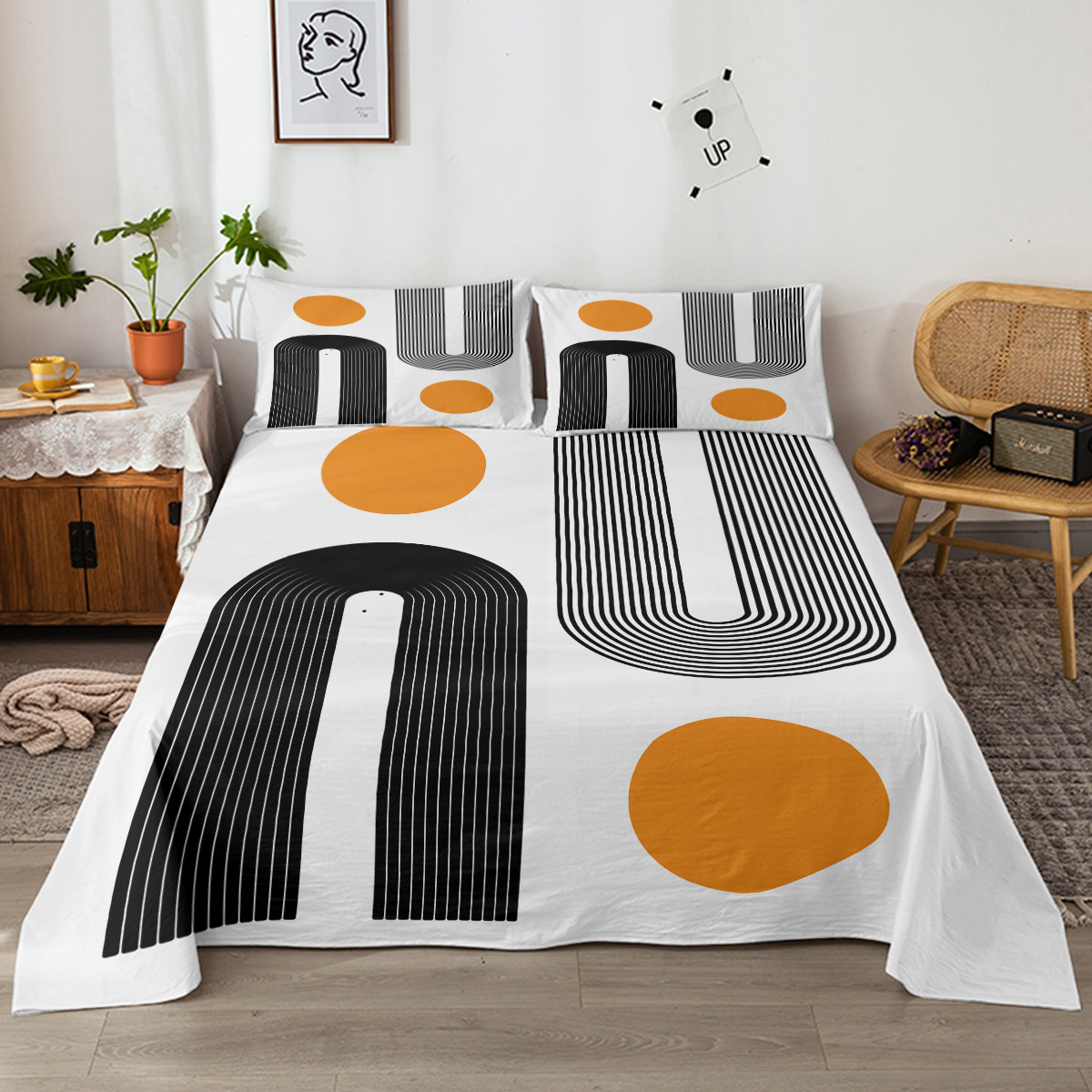 Modern Boho 4 Piece Flat Sheets Set, Abstract Minimalist Art Bed Set With 1 Fitted Sheet 1 Flat Sheet 2 Pillowcases, Black White