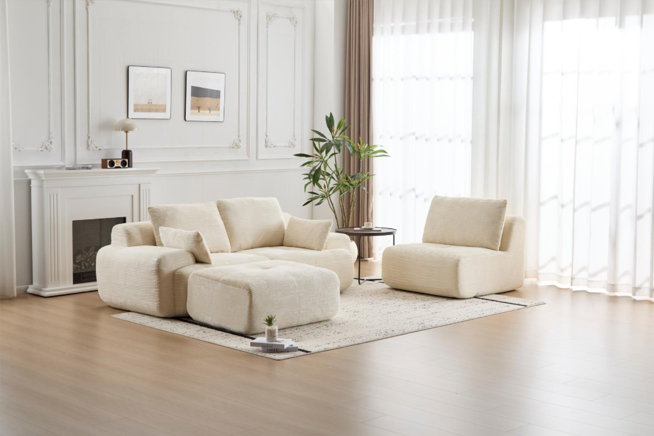 Modern Memory Foam Modular Sectional Sofa | Extra-Deep Corduroy Couch, Pet-Friendly, No Assembly Required – Beige