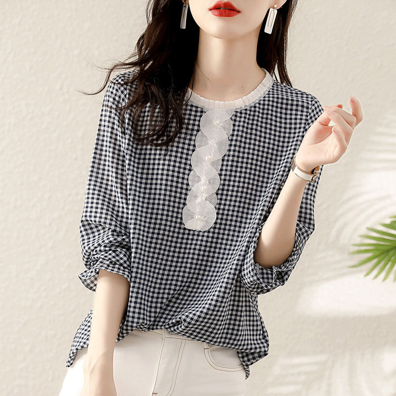 Lace Round Neck Pullover Loose Casual Chic All-match Plaid Shirt