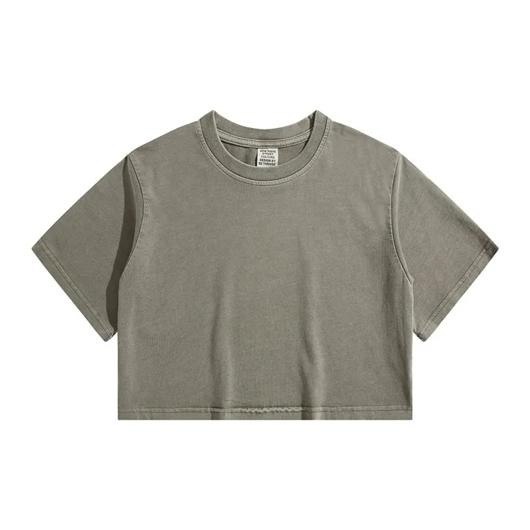 High Waist Cropped T Shirt With Navel Design - Grey