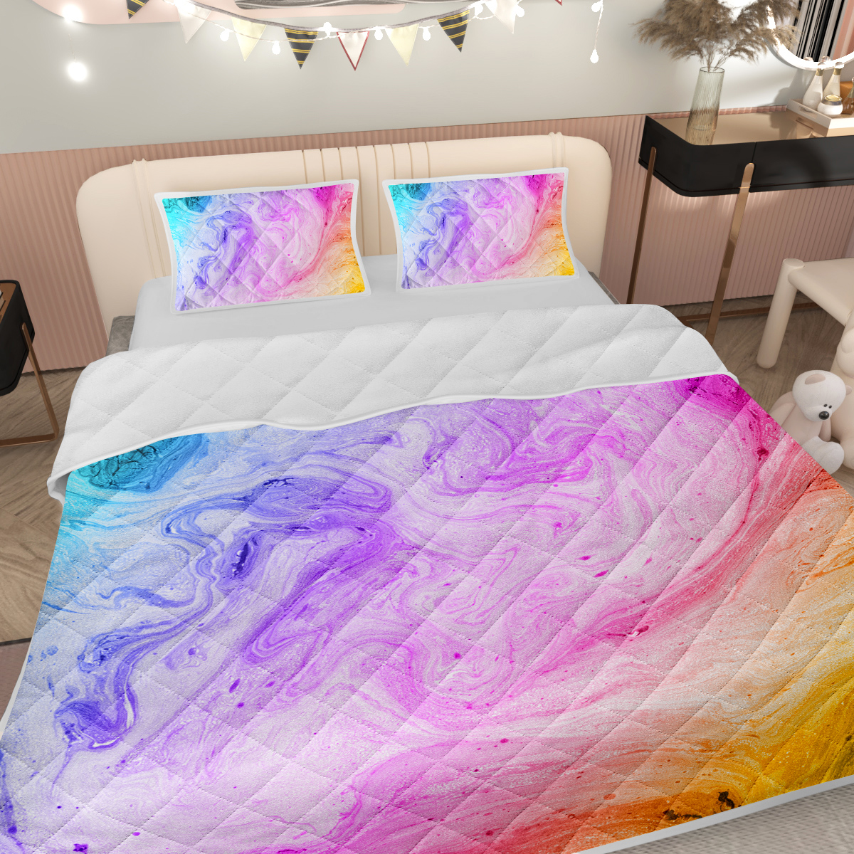 Pastel Quilt Set Microfiber Soft Lightweight Rainbow Marble Bedding Set, 1 Quilt With 2 Pillowcases