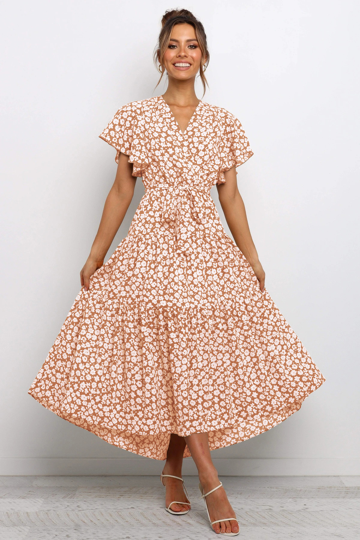 V Neck Cross Polka Dot Floral Belt Maxi Dress