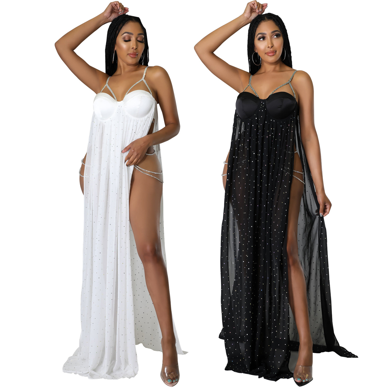 Women’s Fashion Mesh Skirt Ironing Drill See-through Jumpsuit
