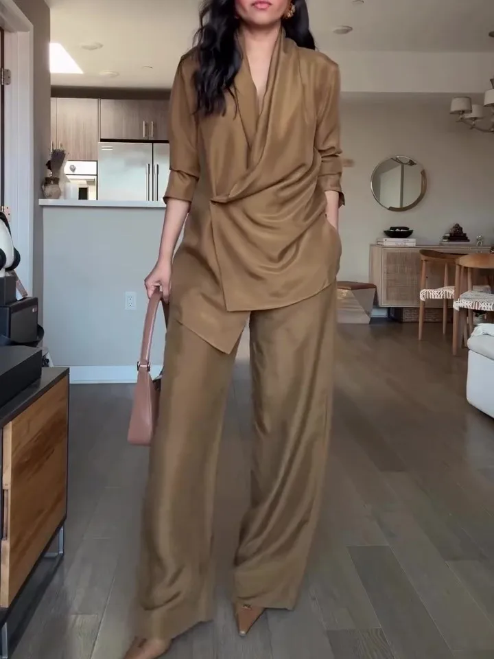 Wrap-style Satin Blouse and Wide-leg Pants Set