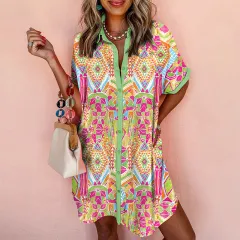 Women's Loose Fit Geometric Print Short Sleeve Dress - Casual Summer Button Front Dress, Comfortable & Stylish - Multicolour - View 1