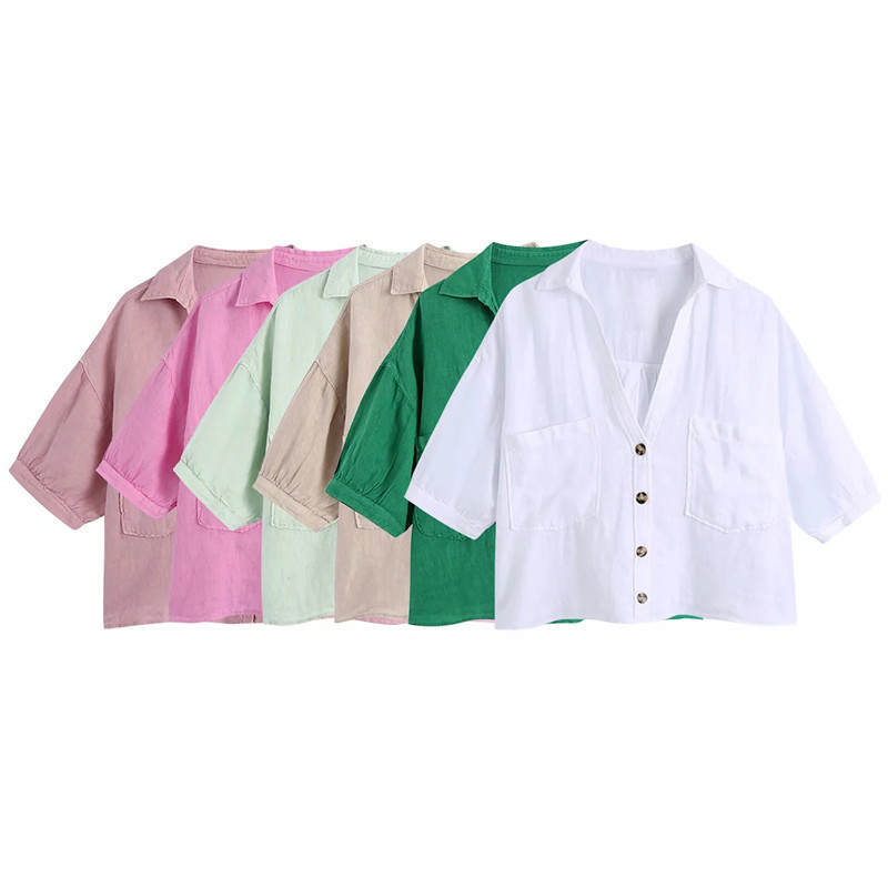 Women's Summer Solid Color Lapel Casual Short Shirt Top