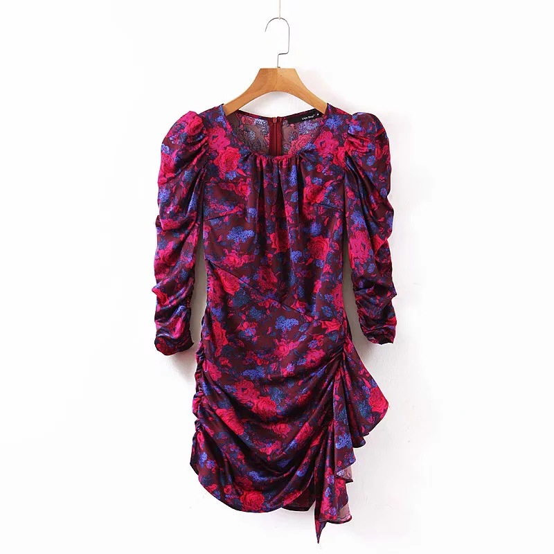 Retro Palace Style Puff Sleeve Print Folds