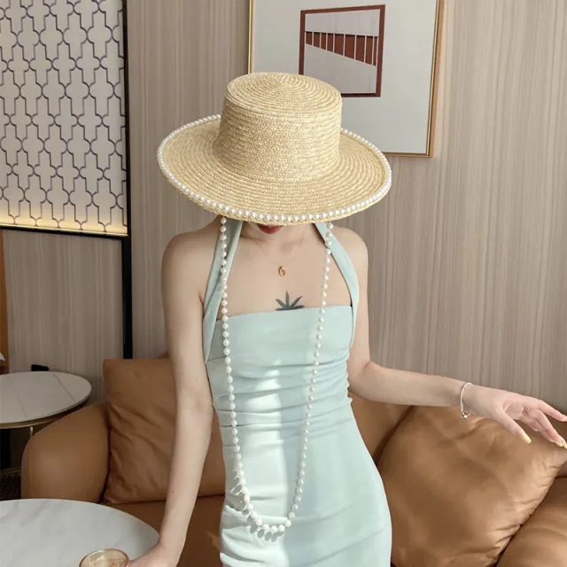 Women's Hand Sewn Pearl Flat Top Straw Hat Light Plate Pearl Chain - Shop at LoveMi
