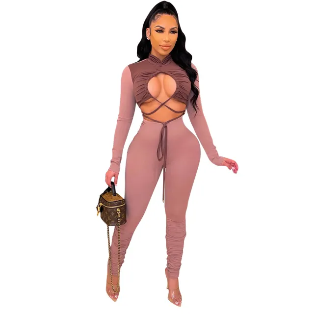 Fashion Sexy Hollow Color Matching Tie Long Sleeved Jumpsuit Pink - Shop at LoveMi