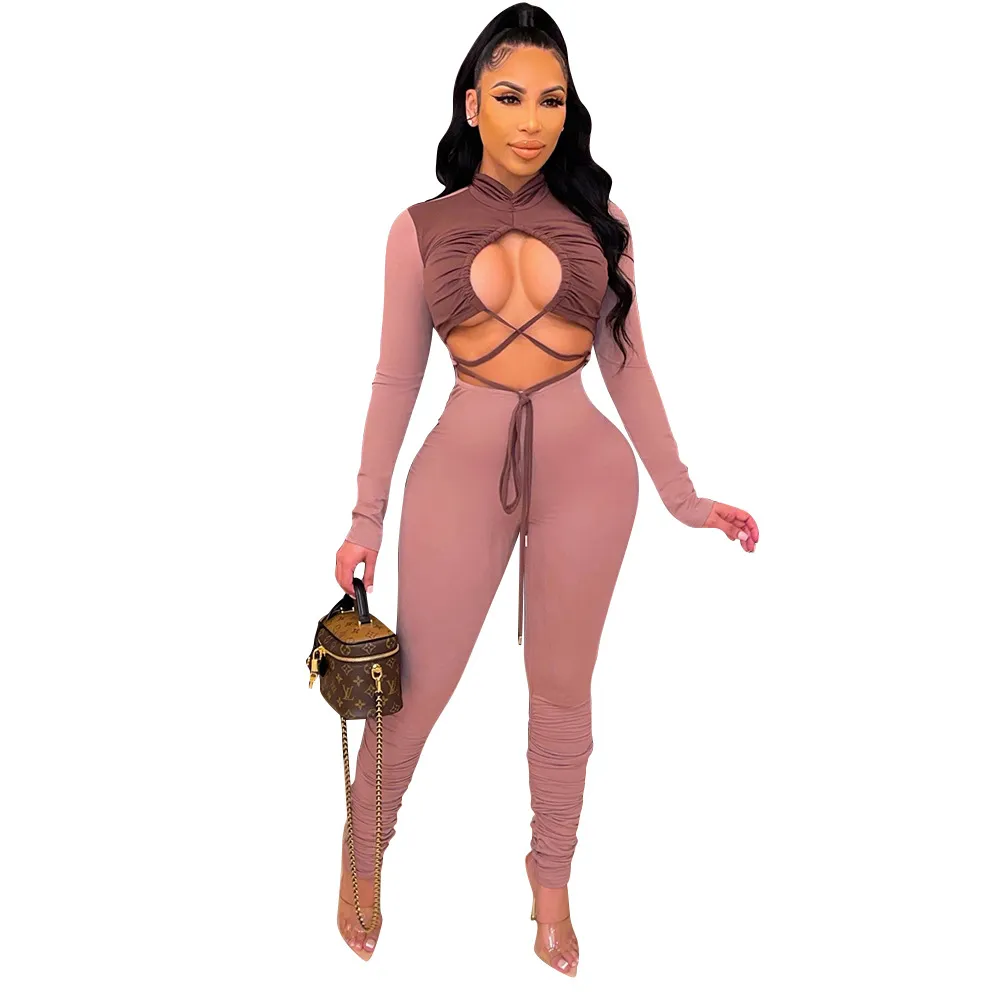 Fashion Sexy Hollow Color Matching Tie Long-Sleeved Jumpsuit - Pink