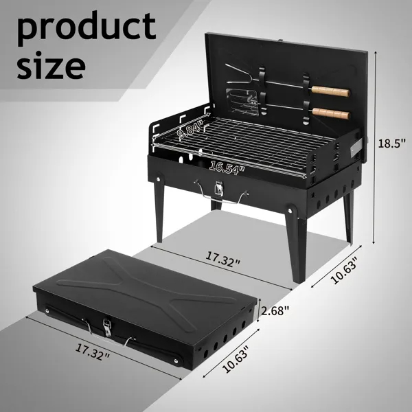 44x27x7cm Portable Square Charcoal Grill Black