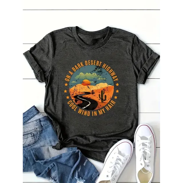 Women Retro Desert Highway T Shirt Funny Nature Graphic Tee Casual Short Sleeve Tee Tops Gray - Shop at LoveMi