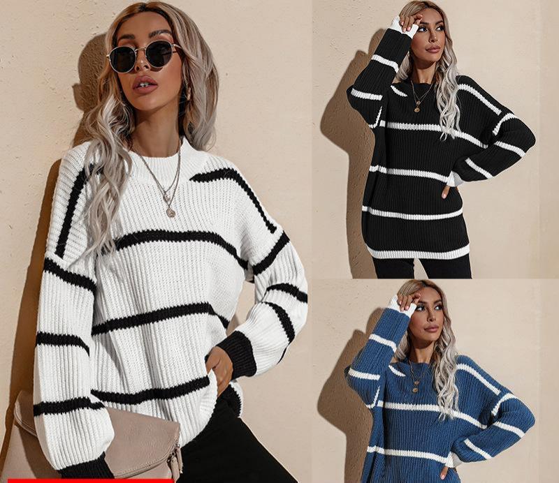 Title 2, Womens Autumn And Winter Round Neck Retro Stri...