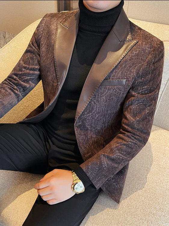 Jacquard Velvet Leather Lapel Men's Blazer