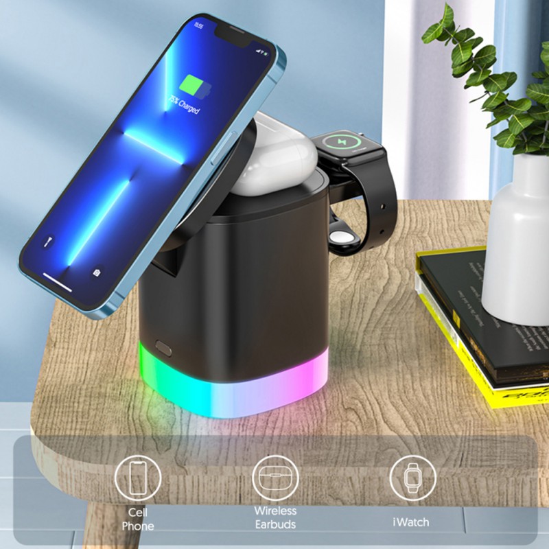 3-in-1 wireless charger for mobile phone, smart watch, and AirPods, sleek design for fast charging.