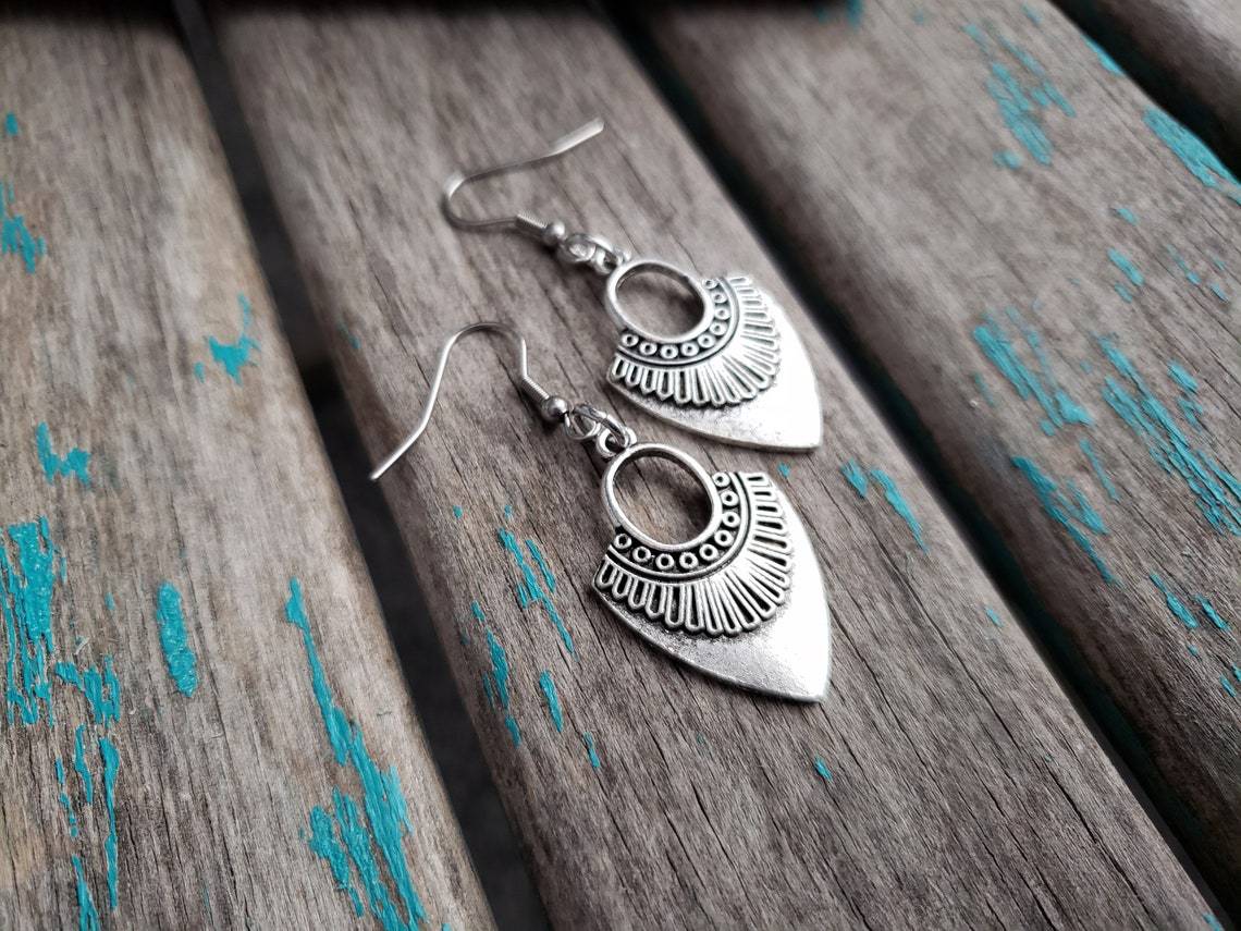 Title 1, Antique Silver Shield Pendant Earrings