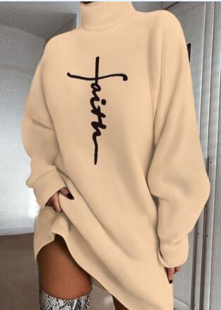 Vestido Holgado Informal De Manga Larga Con Cuello Alto Y Letras Estampadas Para Mujer